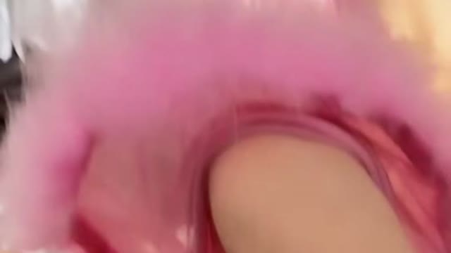 Littlmisfit - Brunette in pink lingerie sucks a red dildo